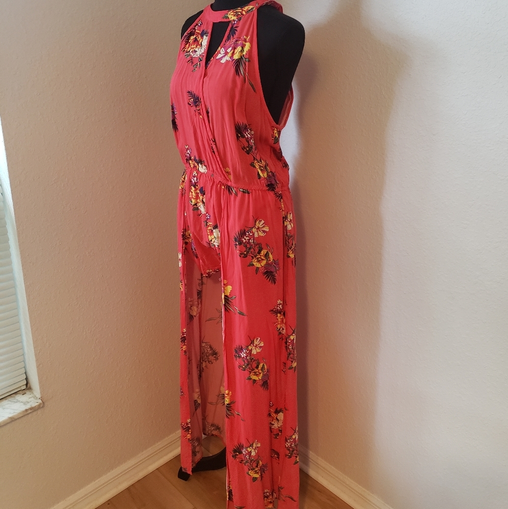 Tropical Peach Floral Romper with overlay - Picture 1 of 14